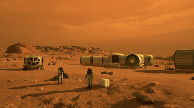 Artist's concept depicts astronauts and human habitats on Mars (NASA)